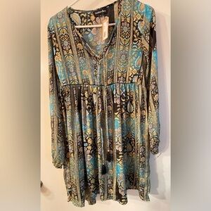 Fashion Fuse boho top/dress; multi color (mostly blues and golds); size small